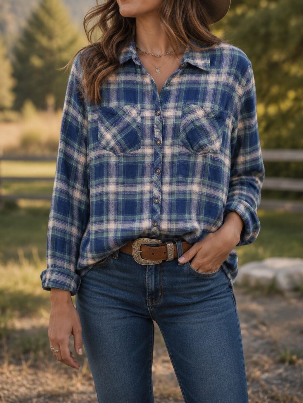 Maurices Blue Cream Plaid Button-Up Shirt Lightweight Flannel Western Casual Top